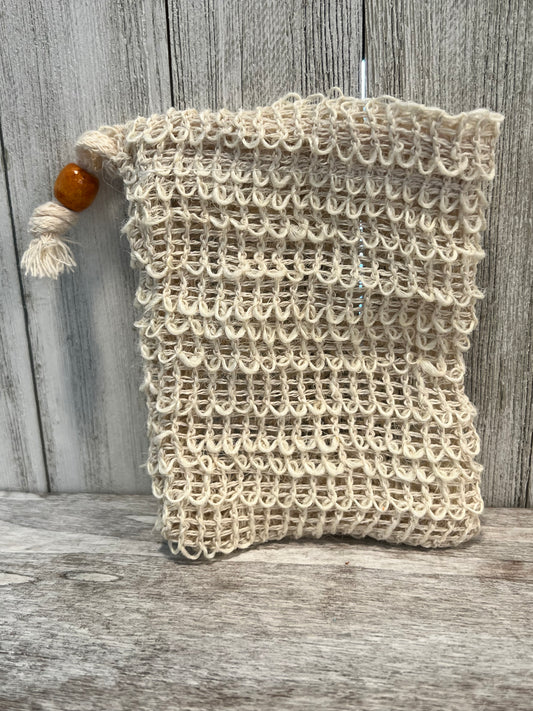 Natural fiber drawstring bag with wooden bead